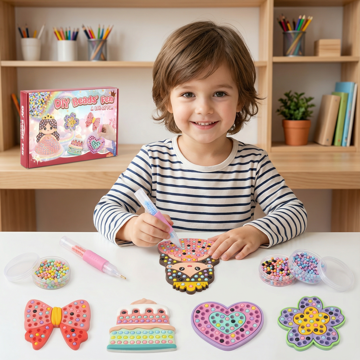Bead Painting Kit with Multiple Design Templates and Step-by-Step Instructions for Kids