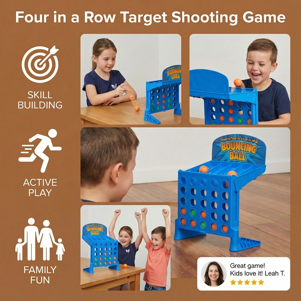 Bouncing Ball Grid Game with Four in a Row Objective and Carrying Case