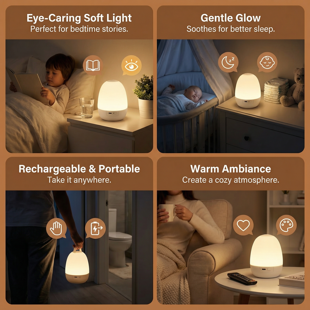 Silicone Night Light with Touch Control and Adjustable Brightness, Rechargeable Battery