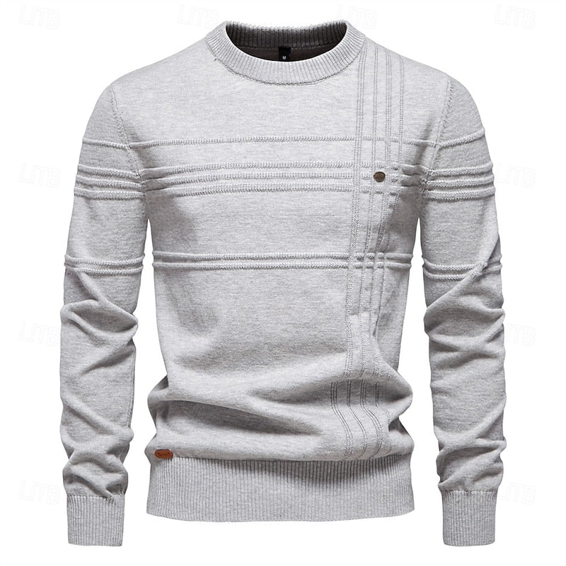 Mens Textured Crewneck Sweater with Subtle Woven Lines and a Tailored Fit in Five Colors