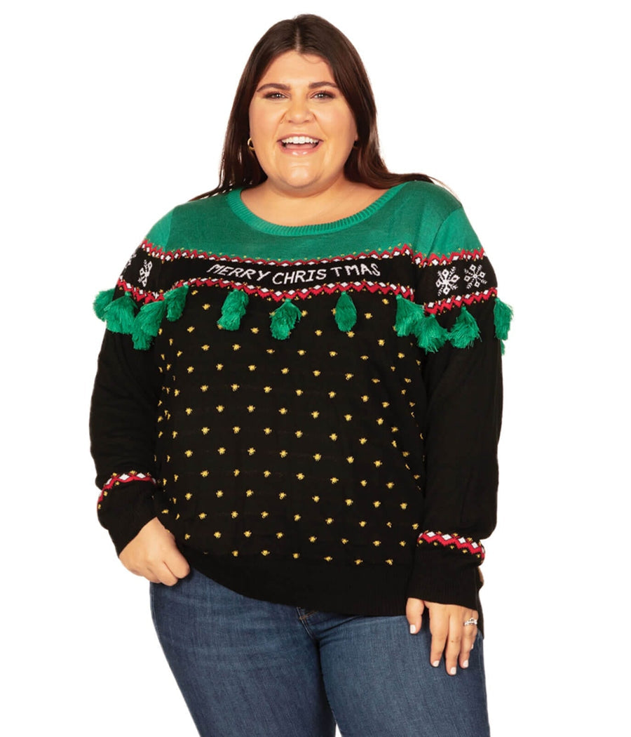 Plus Size Womens Christmas Tree Sweater Trimmed with Tassels in Green and Red