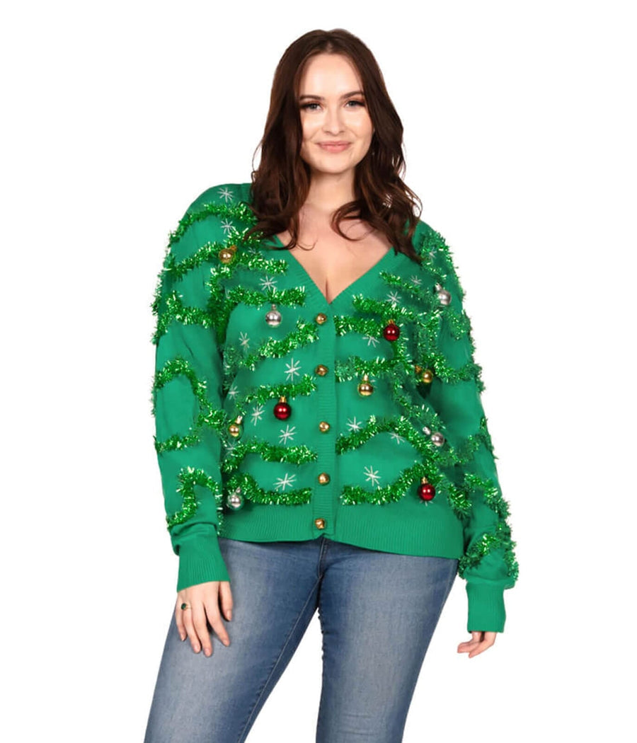 Womens Plus Size Green Christmas Tree Cardigan with Bulbs, Tinsel, and Buttons