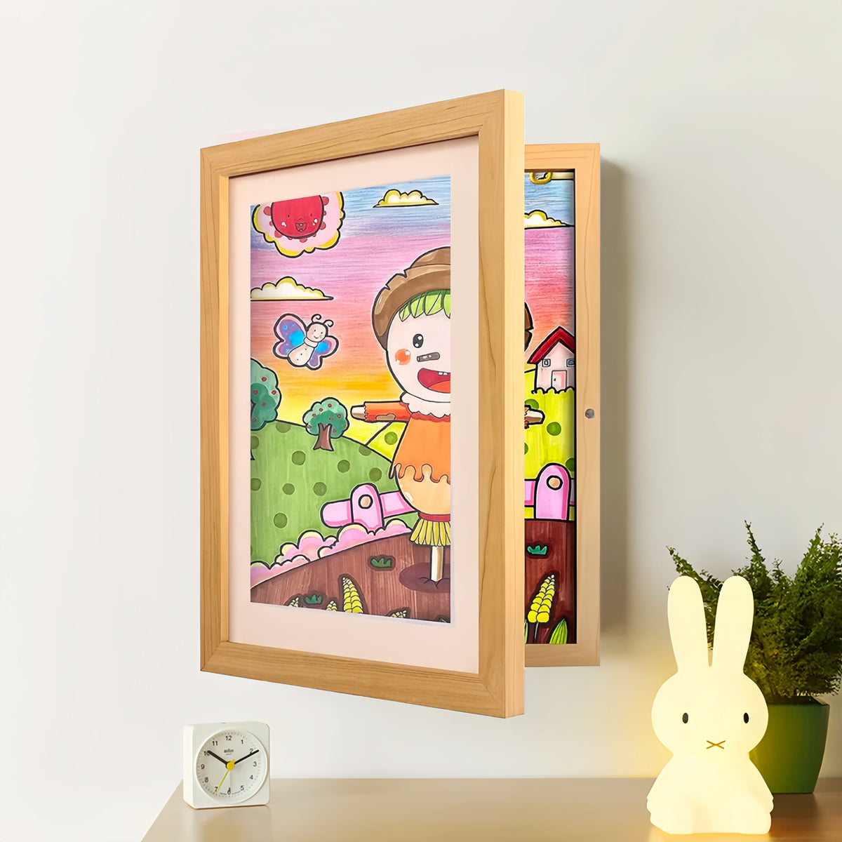 Wall Mount Artwork Display Frame with Magnetic Latch and Storage for 150 Drawings