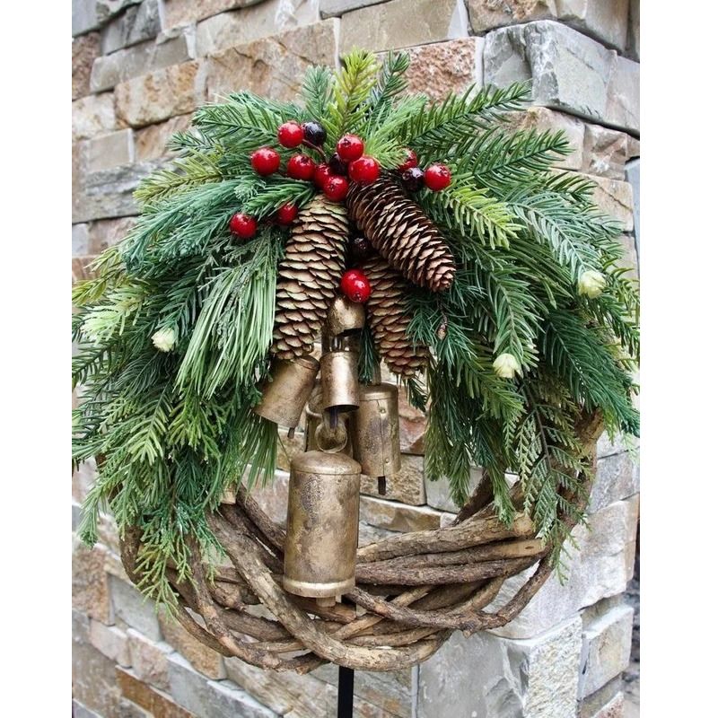 Rustic Christmas Wreath with Golden Bells and Pinecones, 17 inch