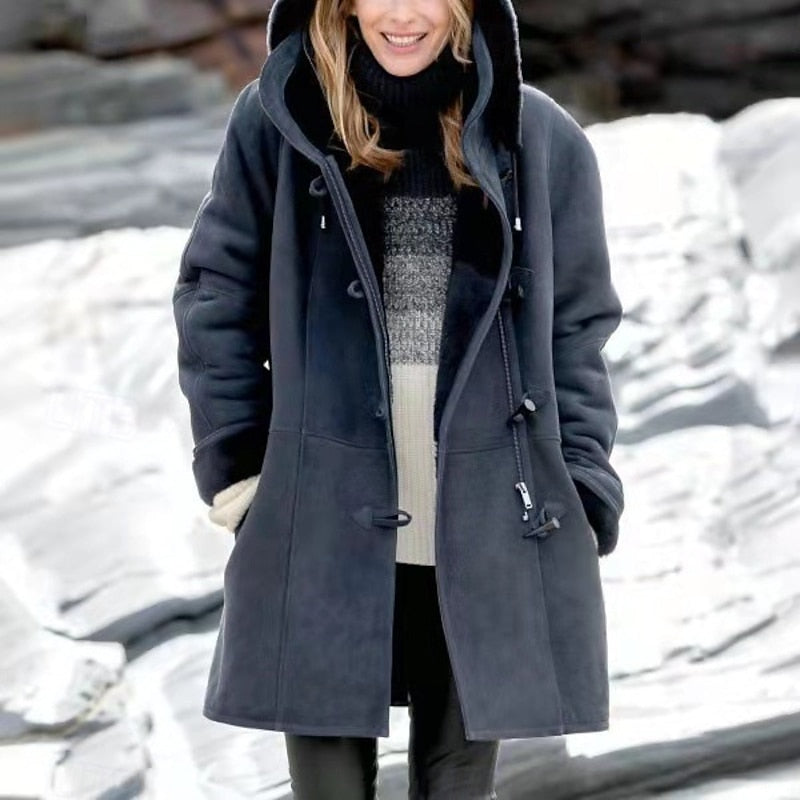 Button Front Hooded Winter Coat with Adjustable Hood and Insulated Fabric