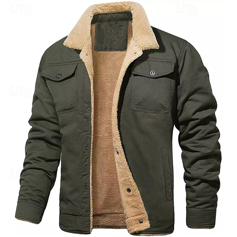 Plush Lined Trucker Jacket with Fold Down Collar and Four Pockets